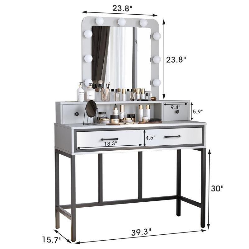 Beyaz Metal ve Ahşap 9 Ampullü Işıklı Aynalı 4 Çekmeceli Makyaj Masası - 100 cm - 121780