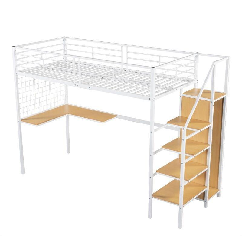 Beyaz Metal ve Ahşap Çalışma Masalı Dolaplı Merdivenli Ranza - 90x200 cm - 124916