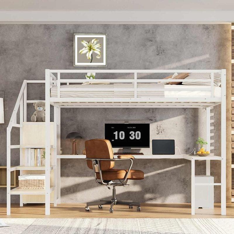 Beyaz Metal ve Endüstriyel Ahşap L Çalışma Masalı Dolaplı LED Işıklı Ranza - 250x161 cm - 124182