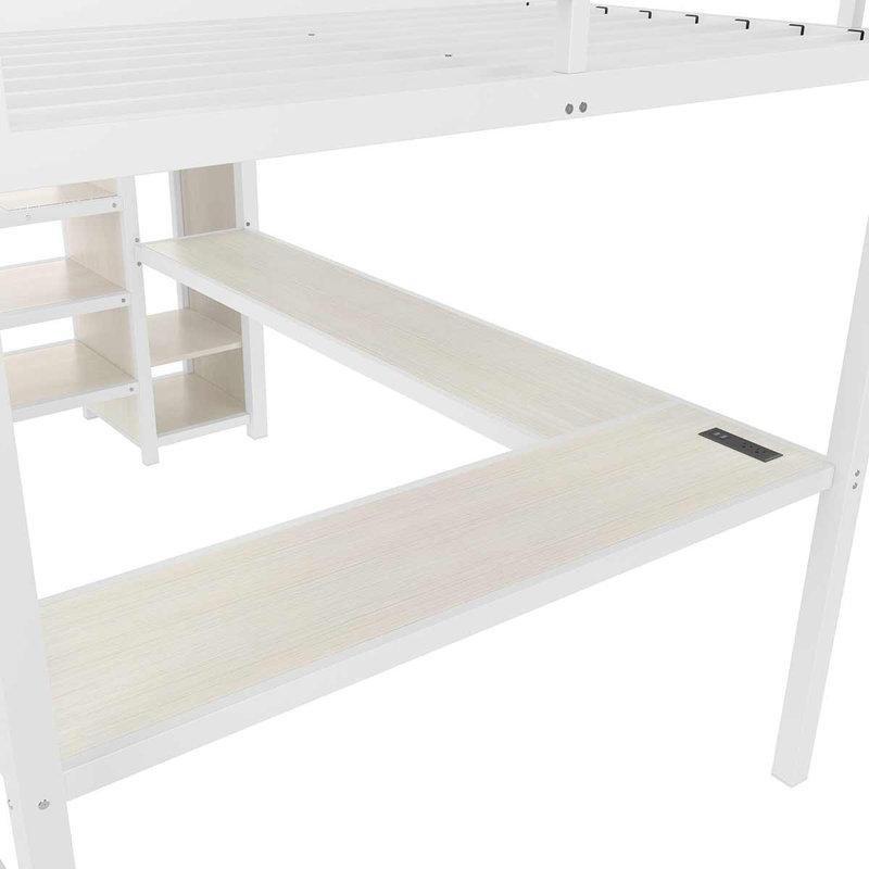Beyaz Metal ve Endüstriyel Ahşap L Çalışma Masalı Dolaplı LED Işıklı Ranza - 250x161 cm - 124182