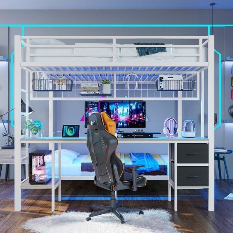 Beyaz Metal ve MDF Çalışma Masalı LED Aydınlatmalı USB Portlu Ranza - 204x145x180 cm - 125848
