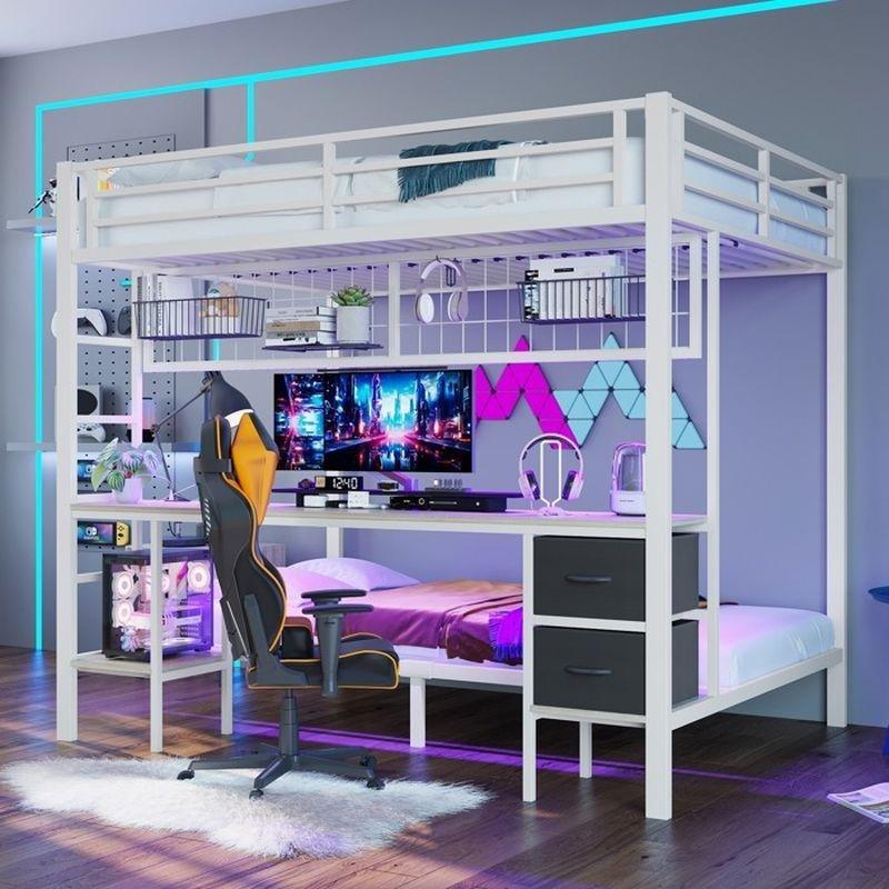 Beyaz Metal ve MDF Çalışma Masalı LED Aydınlatmalı USB Portlu Ranza - 204x145x180 cm - 125848