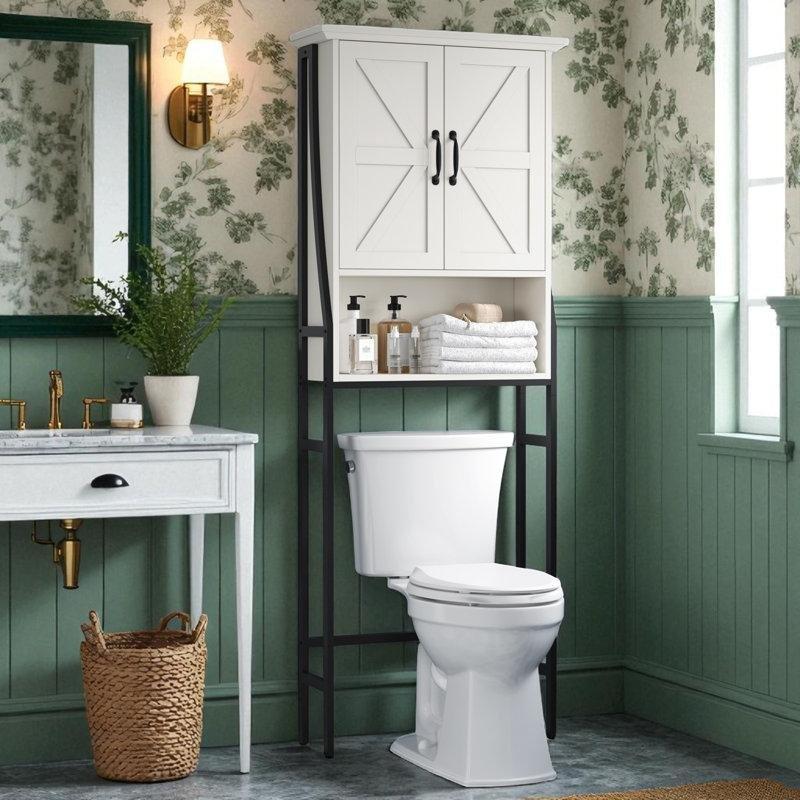 Beyaz Metal ve MDF Sürgülü Kapaklı Raflı Ferforje Banyo Dolabı-64x22x176 cm - 114133