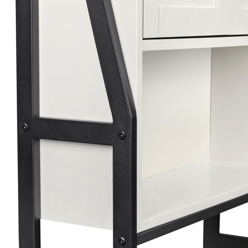 Beyaz Metal ve MDF Sürgülü Kapaklı Raflı Ferforje Banyo Dolabı-64x22x176 cm - 114133