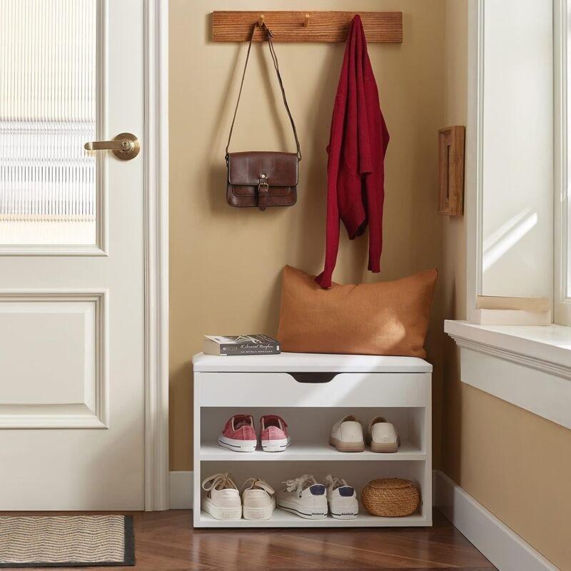 Beyaz Minderli Gizli Bölmeli Ahşap Ayakkabılık Bench - 60x30x46 cm - 119525