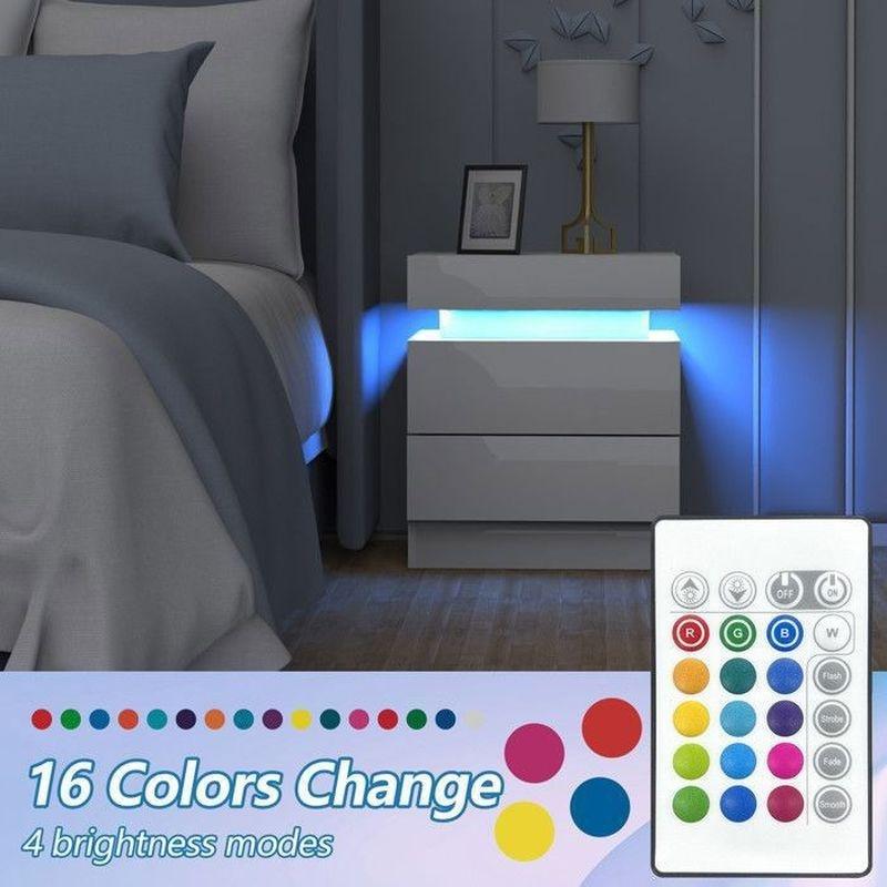 Beyaz Parlak Ahşap LED Işıklı İki Çekmeceli Komodin-45x35x53 cm - 127867