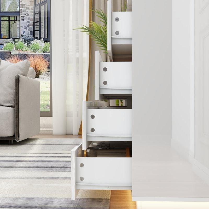 Beyaz Parlak MDF ve Masif Ahşap 8 Çekmeceli LED Işıklı Şifonyer - 160 cm - 122626