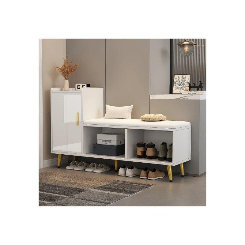 Beyaz Parlak Yüzey Gold Detaylı Minderli Kapaklı Ayakkabılık - 120x35x69 cm - 118456