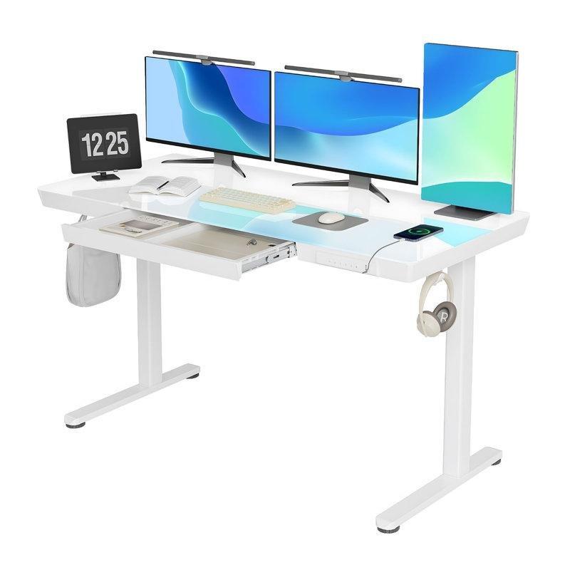 Beyaz Paslanmaz Çelik Elektrikli Yükseklik Ayarlı Çekmeceli Bilgisayar Masası-140x61x72-119 cm - 116457
