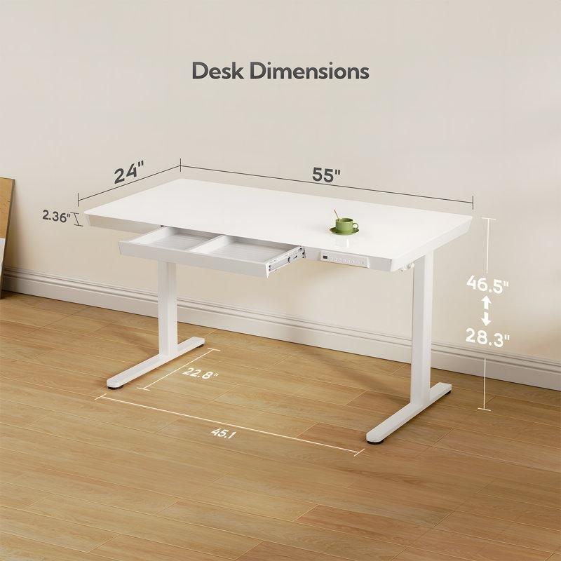 Beyaz Paslanmaz Çelik Elektrikli Yükseklik Ayarlı Çekmeceli Bilgisayar Masası-140x61x72-119 cm - 116457