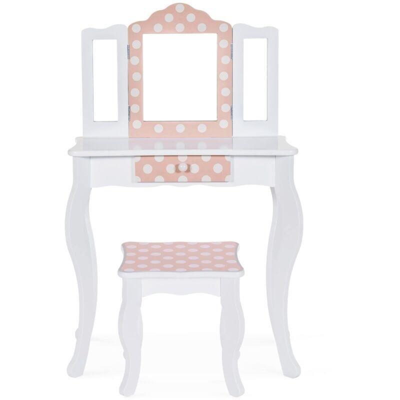 Beyaz Pembe Ahşap Puflu 3 Aynalı Çekmeceli Çocuk Makyaj Masası - 60x30x98 cm - 121975