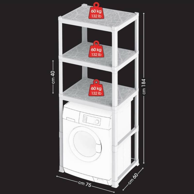 Beyaz Polipropilen Modüler Raflı Çamaşır Makinesi Dolabı-75x60x184 cm - 118212