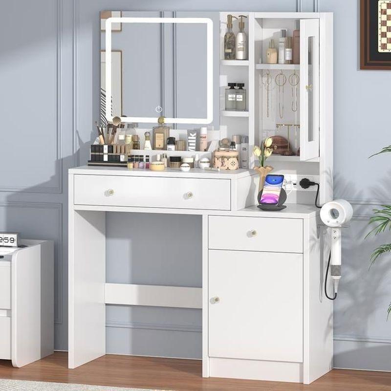 Beyaz Priz ve USB Çıkışlı LED Işıklı Çekmeceli Makyaj Masası - 85x38x136 cm - 122281