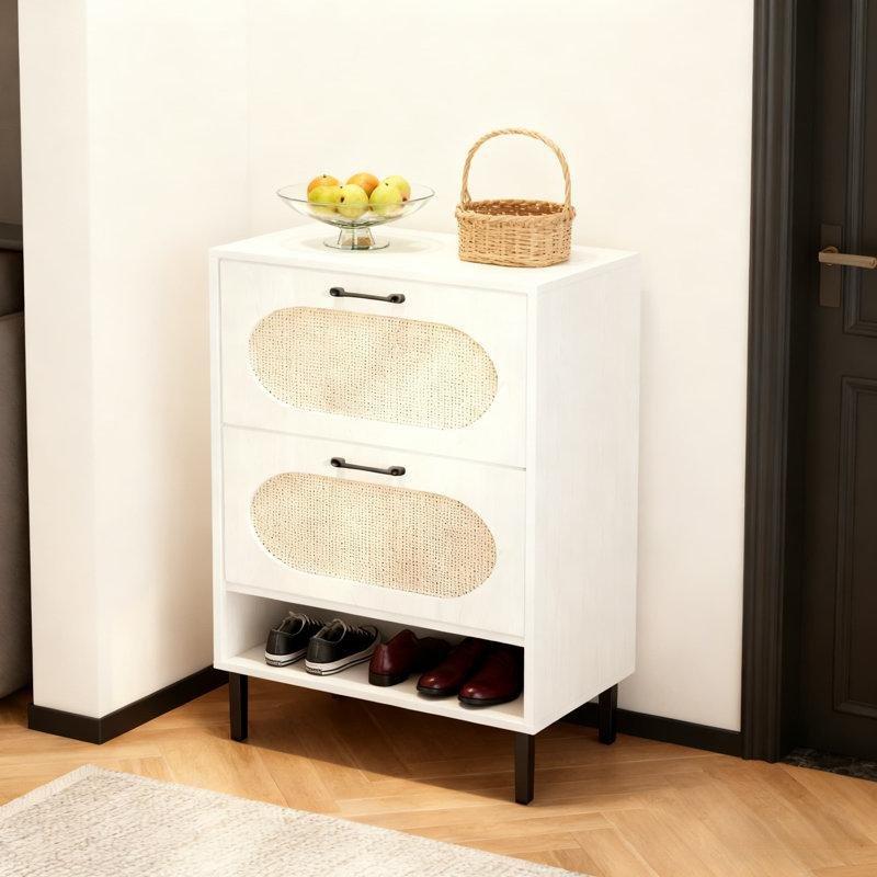 Beyaz Rattan Detaylı Düşer Kapaklı Metal Ayaklı Hasır Ayakkabılık - 60x17x88 cm - 120922
