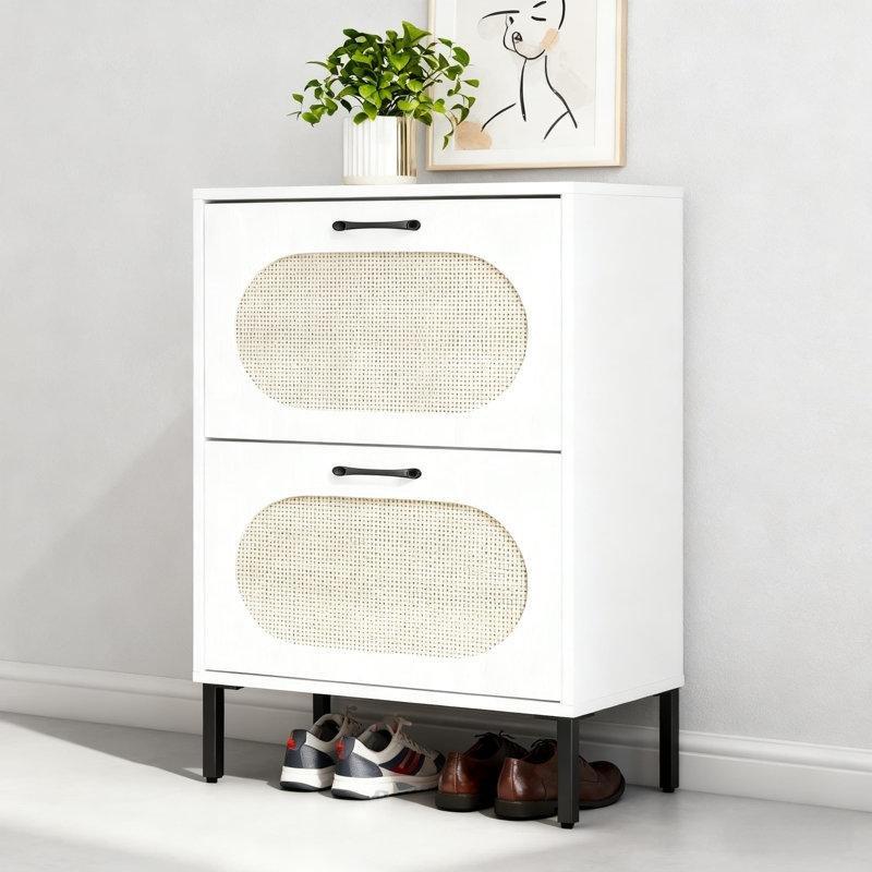 Beyaz Rattan Detaylı Düşer Kapaklı Metal Ayaklı Hasır Ayakkabılık - 60x17x88 cm - 120922