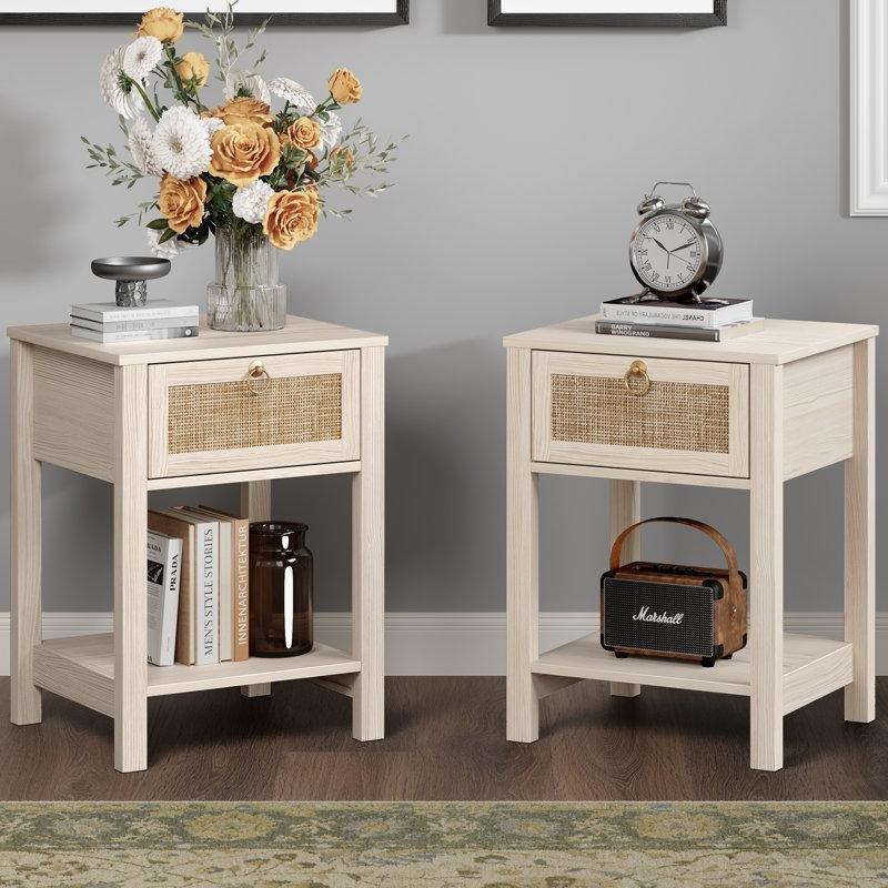 Beyaz Rattan ve Ahşap Gold Kulplu Raflı İkili Set Komodin - 45x39x60 cm - 127604