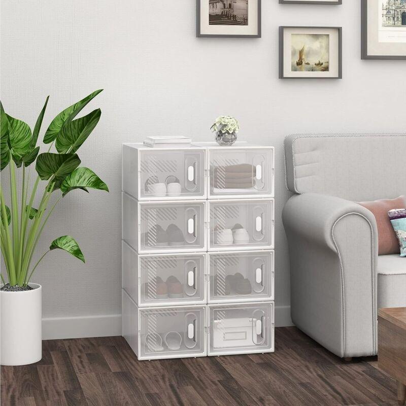 Beyaz Şeffaf Plastik 8li İstiflenebilir ve Katlanabilir Çok Amaçlı Ayakkabılık - 35x25x19 cm - 120514