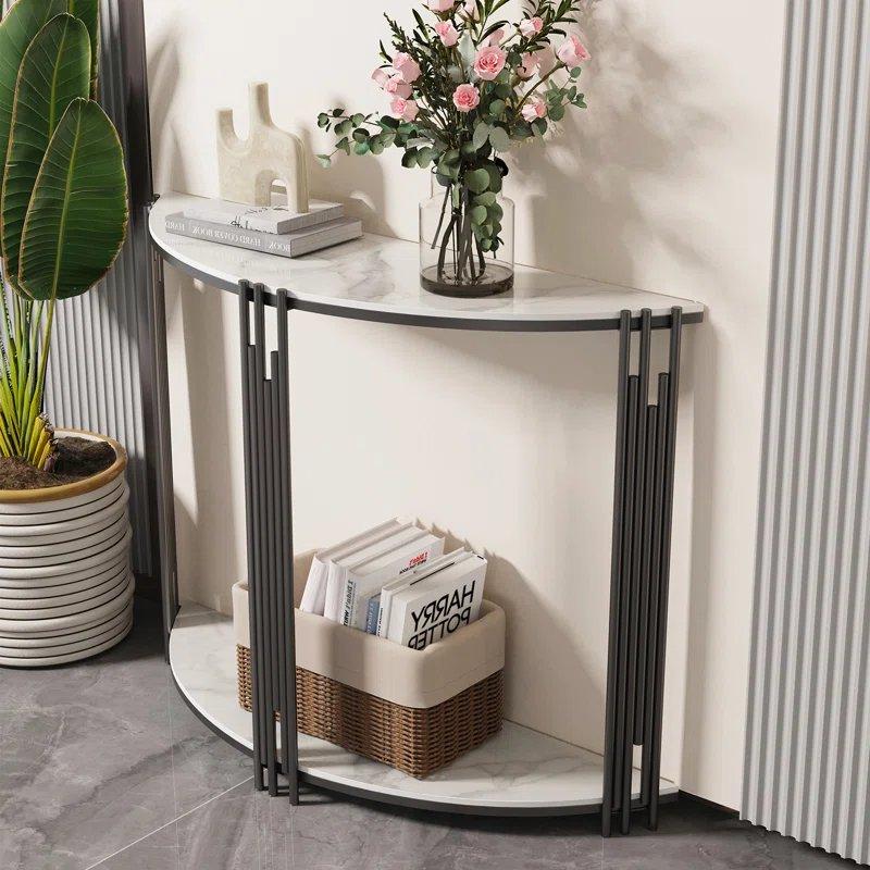 Beyaz Sinterlenmiş Taş Tablalı İki Raflı Yarım Ay Metal Dresuar - 100x30 cm - 132424