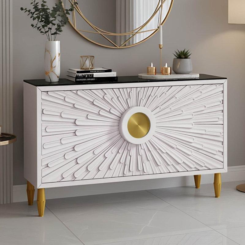 Beyaz Sinterlenmiş Taş ve Ahşap Gold Aksanlı Güneş Işını Desenli Üstü Mermer Konsol - 160x41x98 cm - 129127