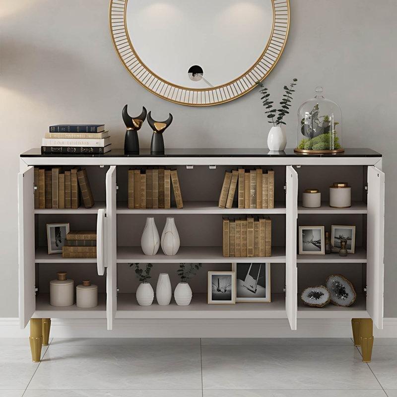 Beyaz Sinterlenmiş Taş ve Ahşap Gold Aksanlı Güneş Işını Desenli Üstü Mermer Konsol - 160x41x98 cm - 129127
