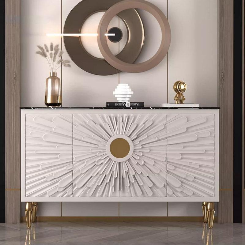Beyaz Sinterlenmiş Taş ve Ahşap Gold Aksanlı Güneş Işını Desenli Üstü Mermer Konsol - 160x41x98 cm - 129127