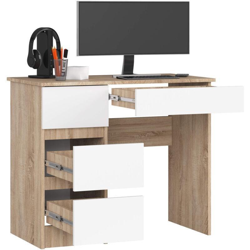 Beyaz Sonoma Meşe Laminat Panel 4 Çekmeceli Çocuk Bilgisayar Masası-90x50x77 cm - 115884