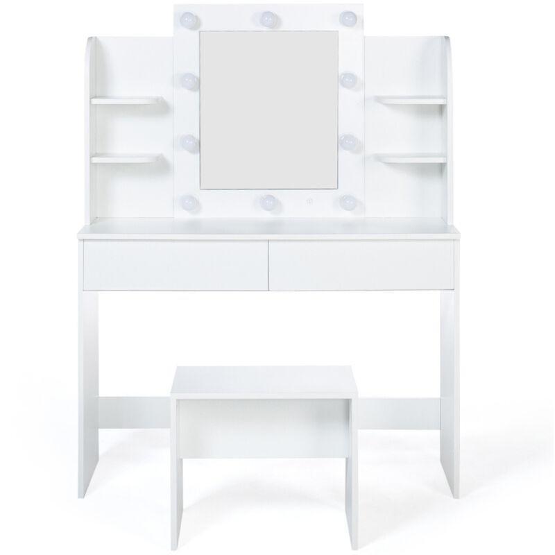 Beyaz Suntalam 10 LED Işıklı Aynalı Çekmeceli ve Raflı Tabureli Makyaj Masası - 108 cm - 122014