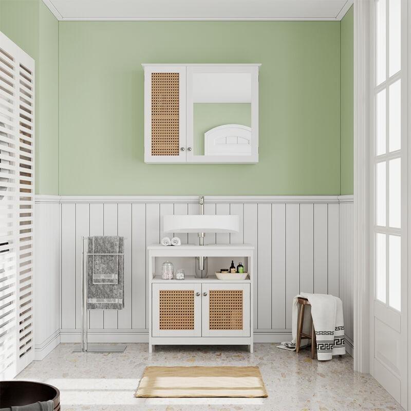 Beyaz Suntalam Hasır Kapaklı Aynalı Hasır Banyo Dolabı-68x49x17 cm - 114281