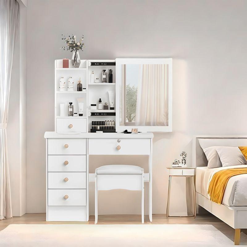 Beyaz Sürgülü Aynalı 6 Çekmeceli Raflı Makyaj Masası - 80x37x122 cm - 122338