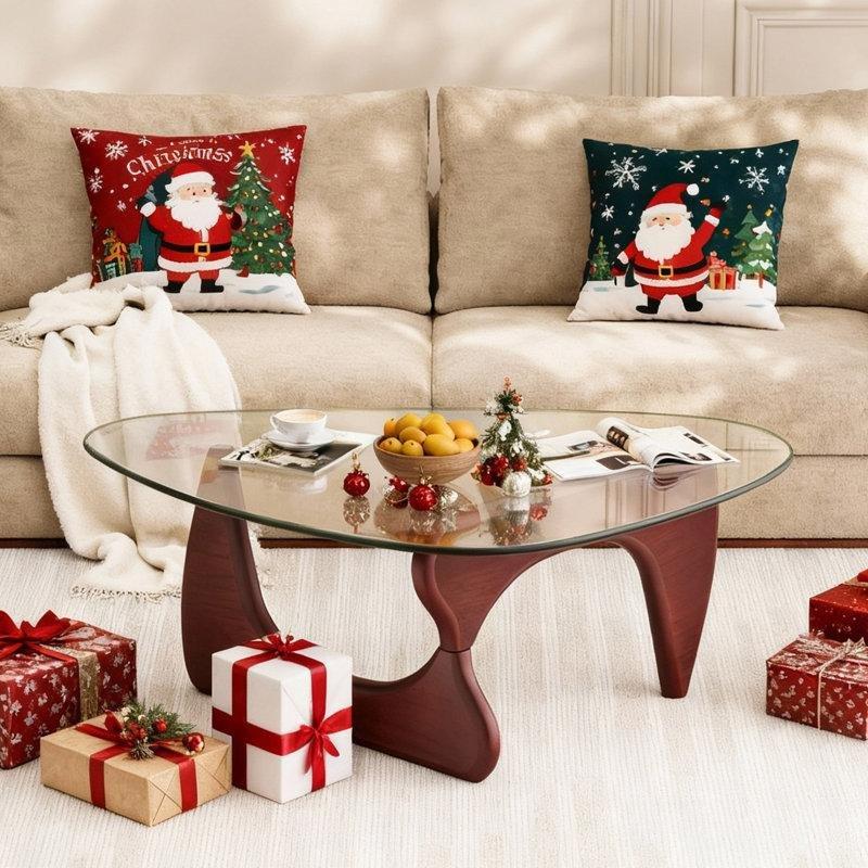 Beyaz Temperli Cam Üçgen Ceviz Cam Sehpa-110x77x41 cm - 117255
