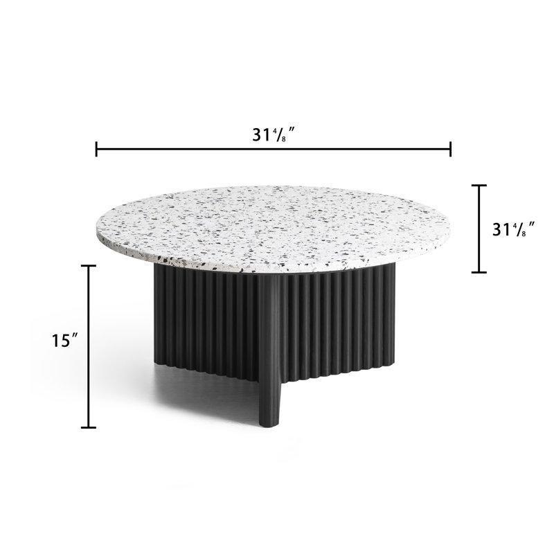 Beyaz Terrazzo Desenli Endüstriyel Ahşap Lekeye Dayanıklı Yuvarlak Cam Sehpa-39x80x80 cm - 117762