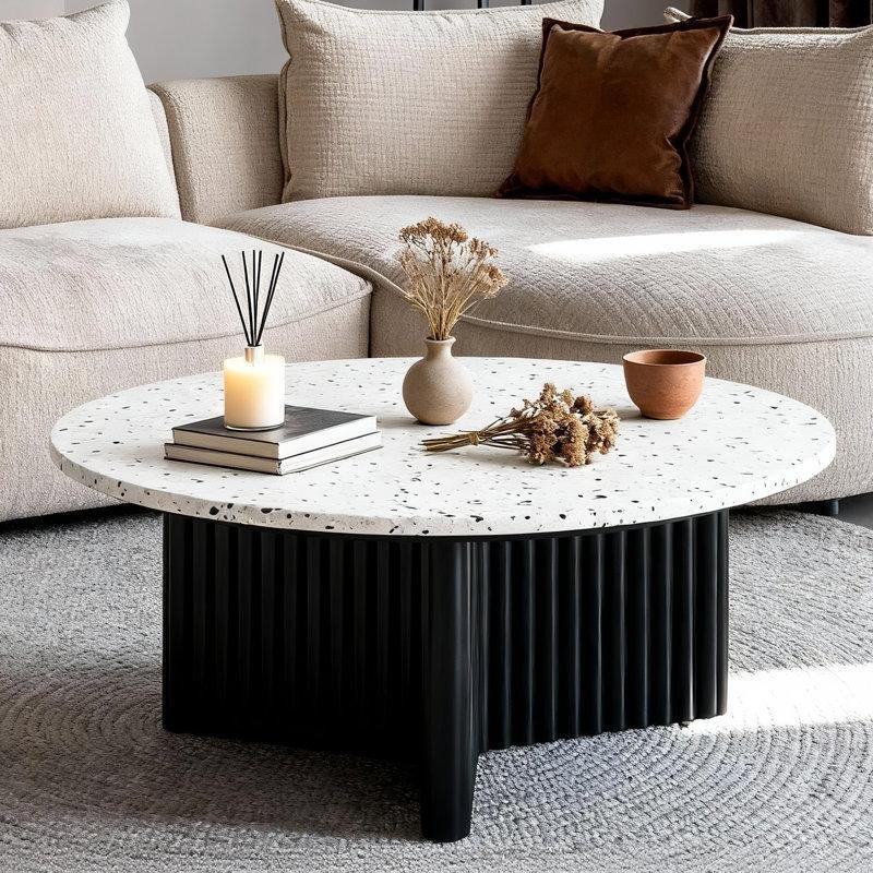 Beyaz Terrazzo Desenli Endüstriyel Ahşap Lekeye Dayanıklı Yuvarlak Cam Sehpa-39x80x80 cm - 117762