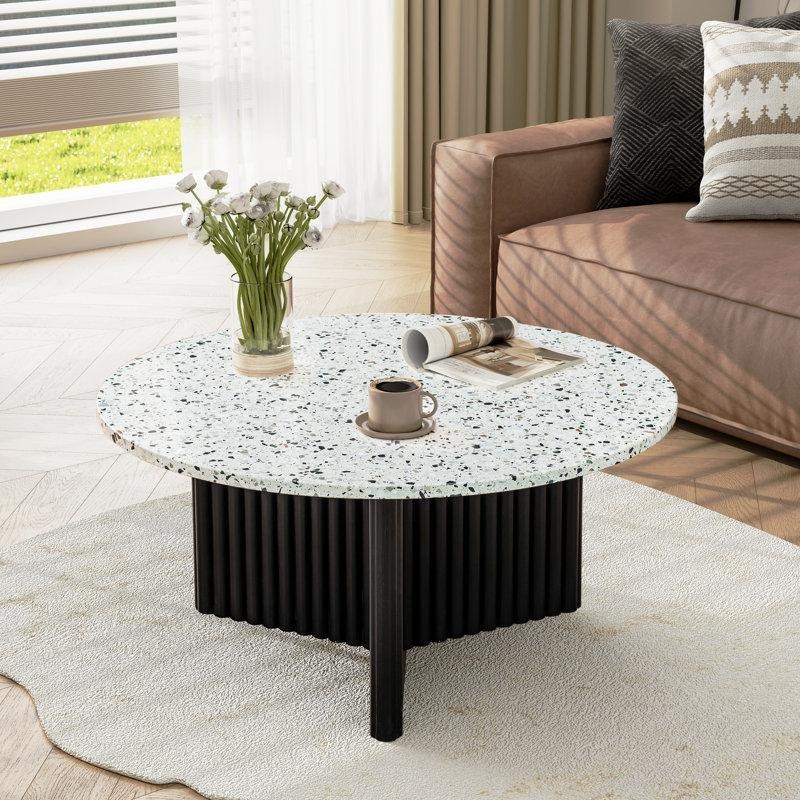 Beyaz Terrazzo Desenli Endüstriyel Ahşap Lekeye Dayanıklı Yuvarlak Cam Sehpa-39x80x80 cm - 117762