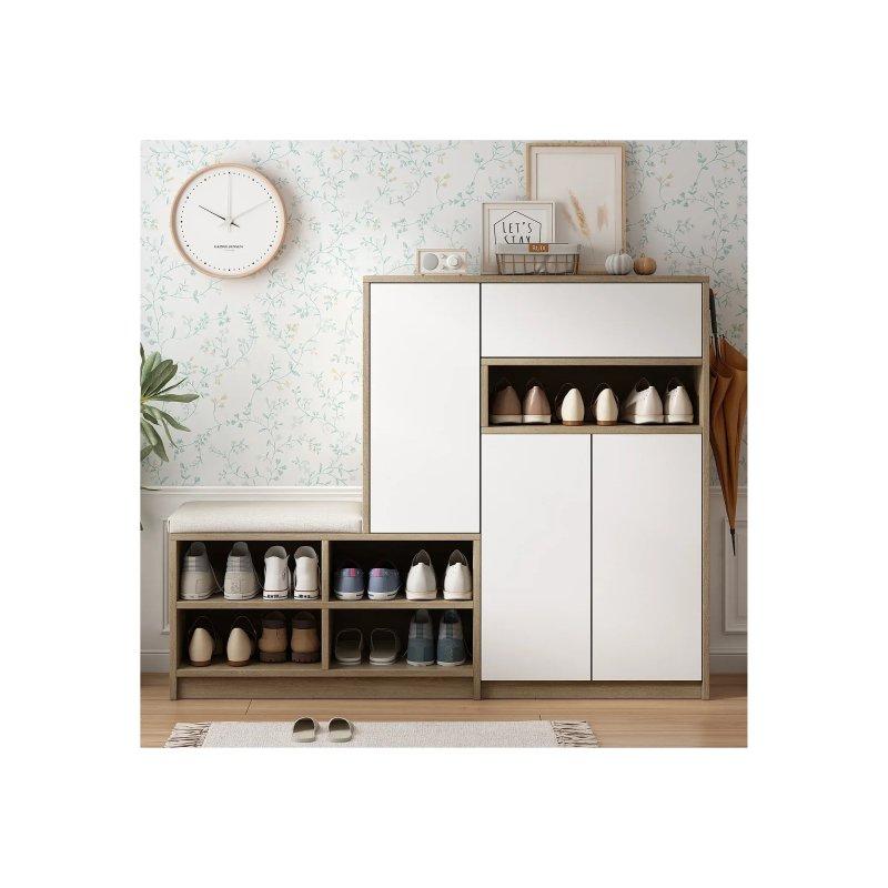 Beyaz ve Ahşap 3 Kapaklı Minderli Çekmeceli Ayakkabılık - 140x35x110 cm - 118507