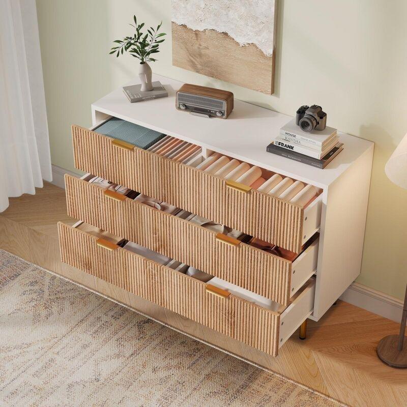 Beyaz ve Ahşap Görünümlü MDF 6 Çekmeceli Gold Ayaklı Şifonyer - 100x34x73 cm - 123444