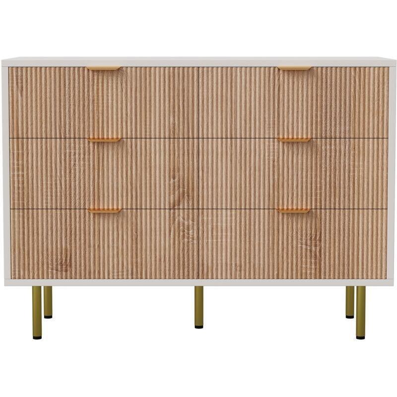 Beyaz ve Ahşap Görünümlü MDF 6 Çekmeceli Gold Ayaklı Şifonyer - 100x34x73 cm - 123444