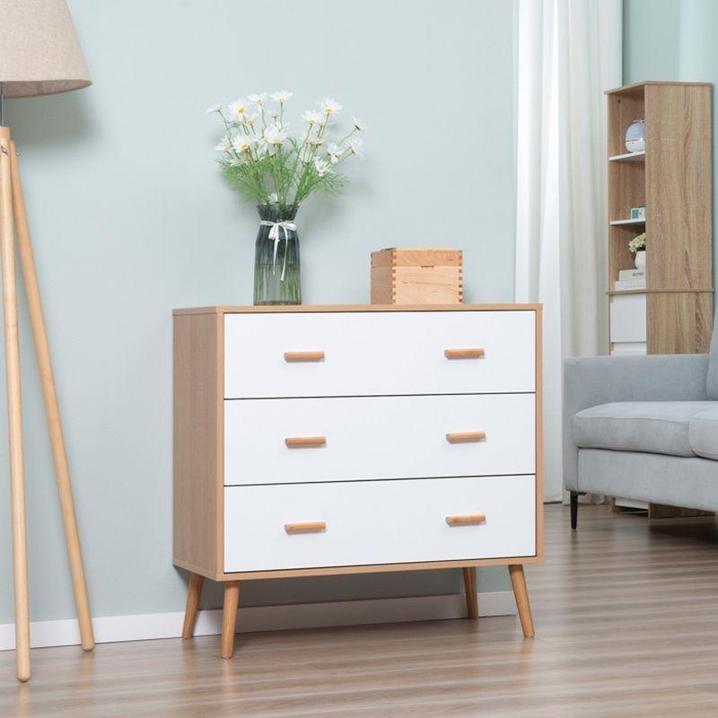 Beyaz ve Ahşap Rengi Endüstriyel Ahşap 3 Çekmeceli İskandinav Şifonyer-80x39x80 cm - 123798
