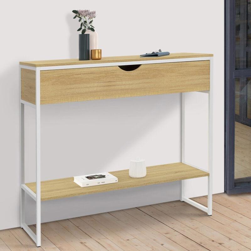 Beyaz ve Ahşap Renk Metal Ayaklı Tek Çekmeceli Raflı Dresuar - 90x30x80 cm - 134030
