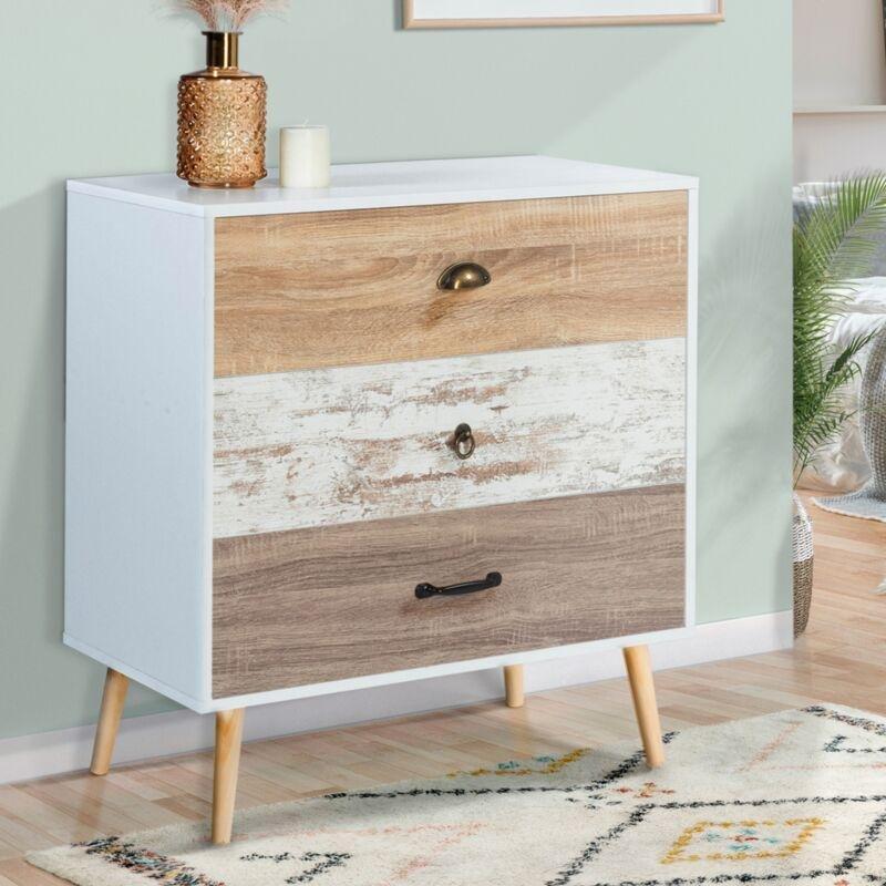 Beyaz ve Ahşap Renkli Masif Ayaklı 3 Çekmeceli İskandinav Komodin - 75x40x80 cm - 127671