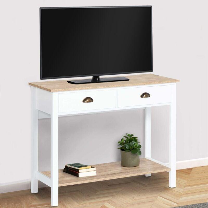 Beyaz ve Bej Endüstriyel Ahşap 2 Çekmeceli ve Raflı Dresuar - 100x35x75 cm - 134056