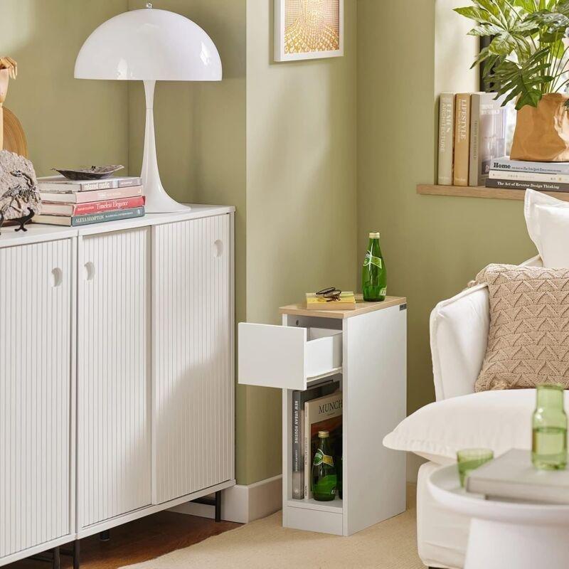 Beyaz ve Bej MDF Çekmeceli ve Raflı Dar Komodin - 20x33x60 cm - 127705