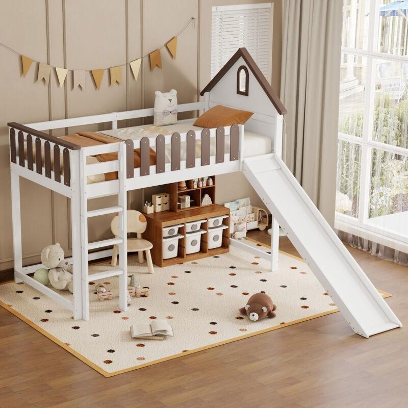 Beyaz ve Ceviz Çam ve MDF Kaydıraklı Çatılı Montessori Tasarım Ranza - 90x200 cm - 125019