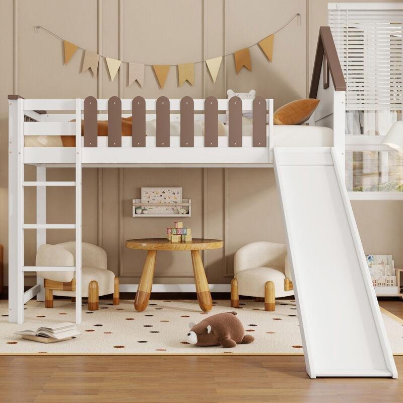 Beyaz ve Ceviz Çam ve MDF Kaydıraklı Çatılı Montessori Tasarım Ranza - 90x200 cm - 125019