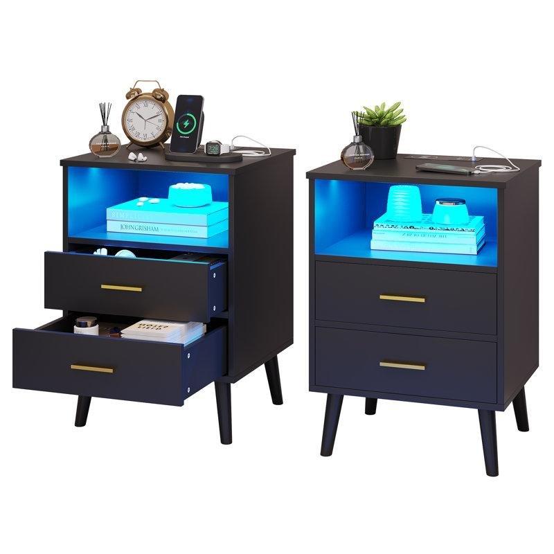 Beyaz ve Ceviz MDF LED Aydınlatmalı Kablosuz Şarjlı Akıllı Komodin - 45x40x65 cm - 127406