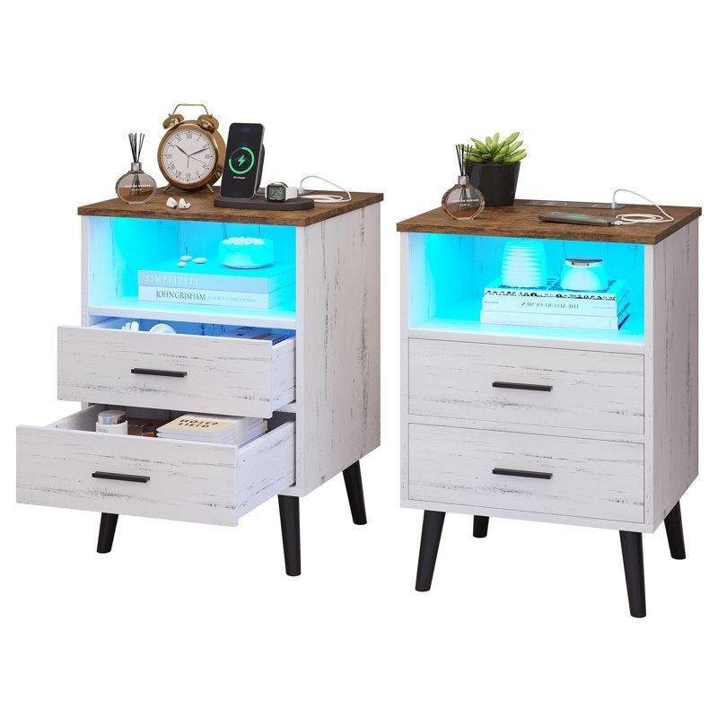 Beyaz ve Ceviz Rengi MDF Kablosuz Şarjlı Hareket Sensörlü LED Aydınlatmalı 2 Çekmeceli Komodin İkili Set - 45x40x50 cm - 127163