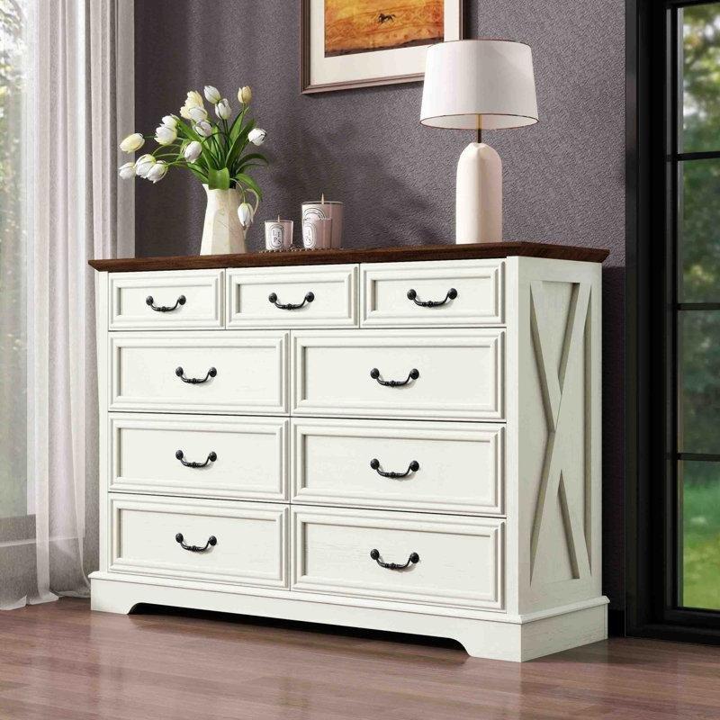 Beyaz ve Ceviz Renk Masif ve Endüstriyel Ahşap 9 Çekmeceli Country Şifonyer - 132x92 cm - 122593