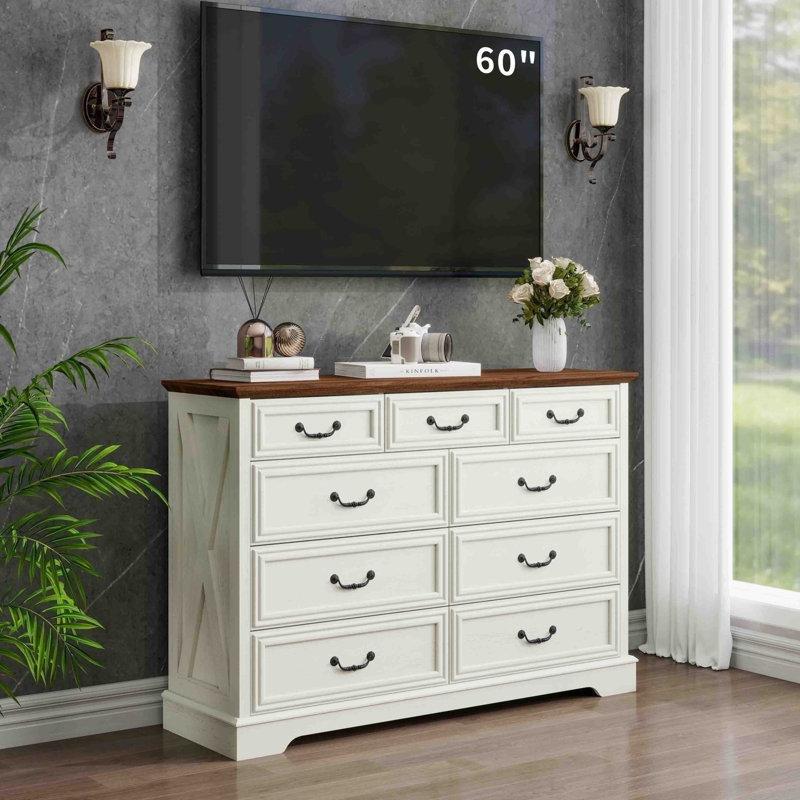 Beyaz ve Ceviz Renk Masif ve Endüstriyel Ahşap 9 Çekmeceli Country Şifonyer - 132x92 cm - 122593