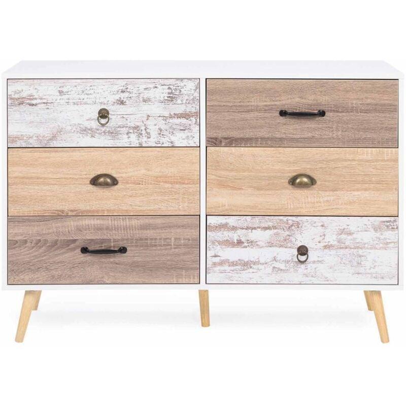 Beyaz ve Çok Renkli Çam Ayaklı Farklı Kulp Tasarımlı Şifonyer - 115x40x80 cm - 123264