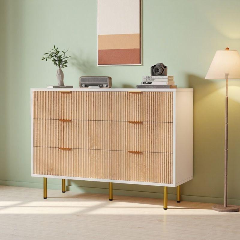 Beyaz ve Doğal Ahşap Görünümlü 6 Çekmeceli Gold Detaylı Şifonyer - 100x34x73 cm - 123792