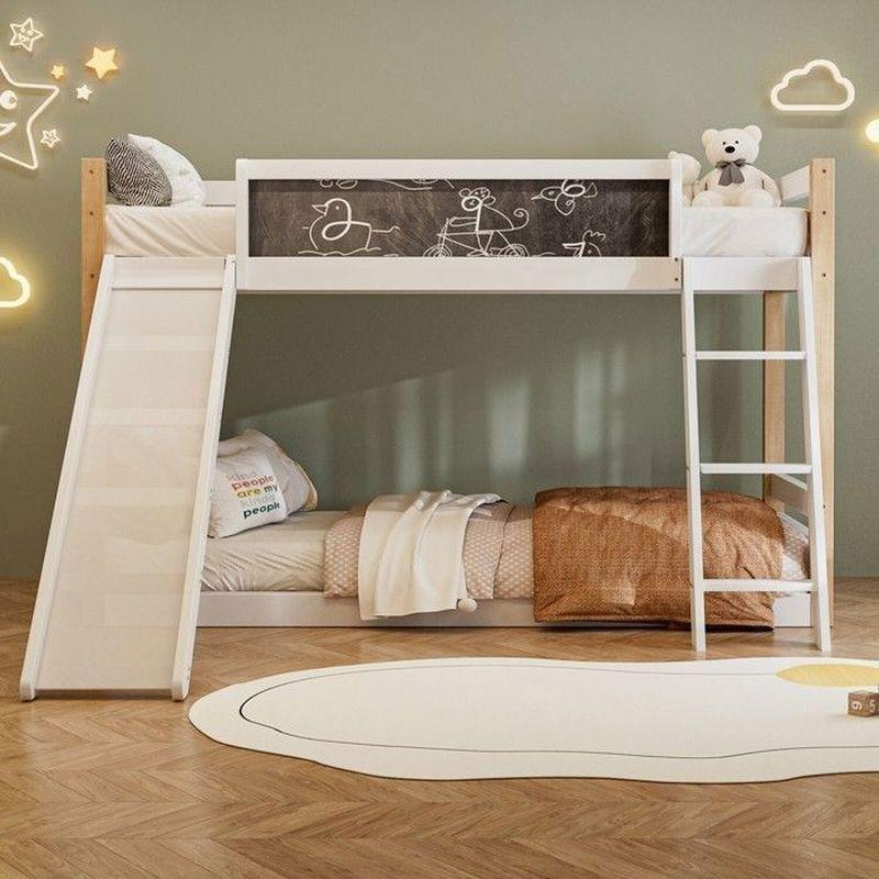 Beyaz ve Doğal Ahşap Kaydıraklı Merdivenli Masif Ranza - 90x200 cm - 125632